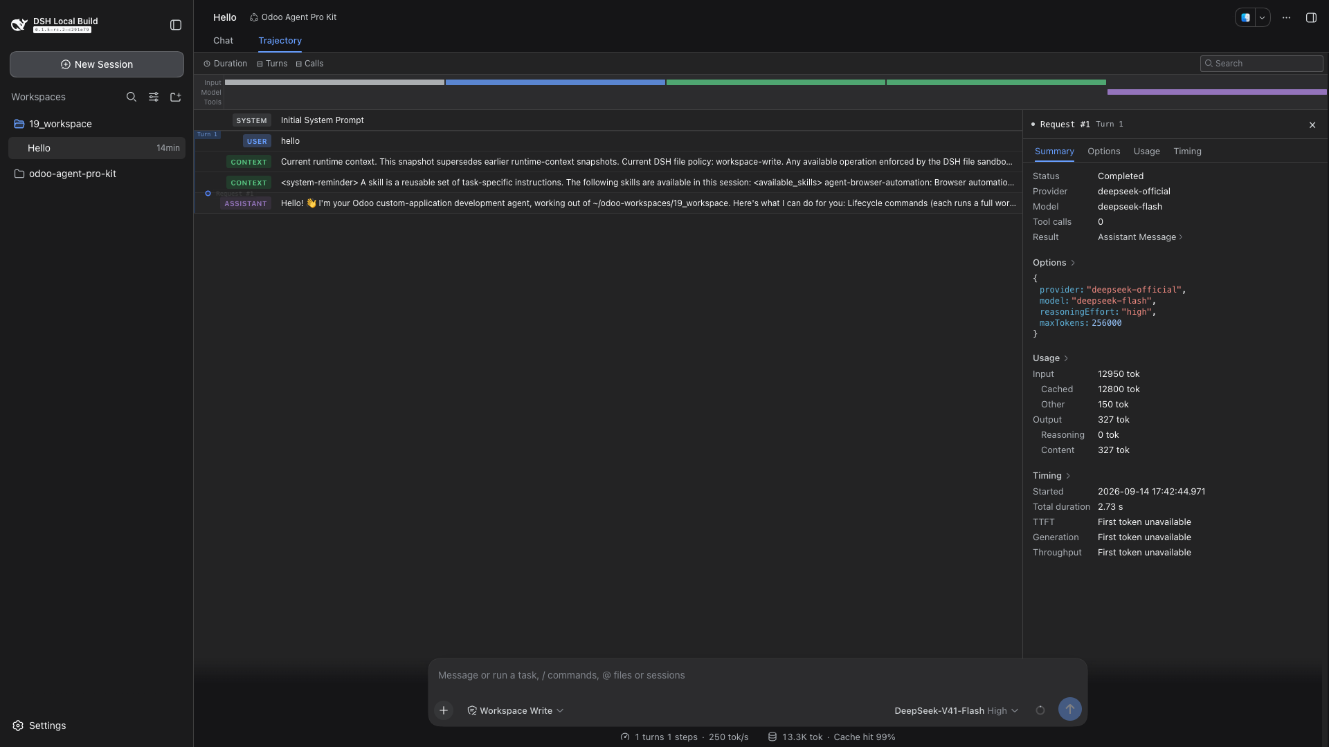 DeepSeek Harness Trajectory view with the session timeline and Request 1 details showing completed status, model, token usage and timing